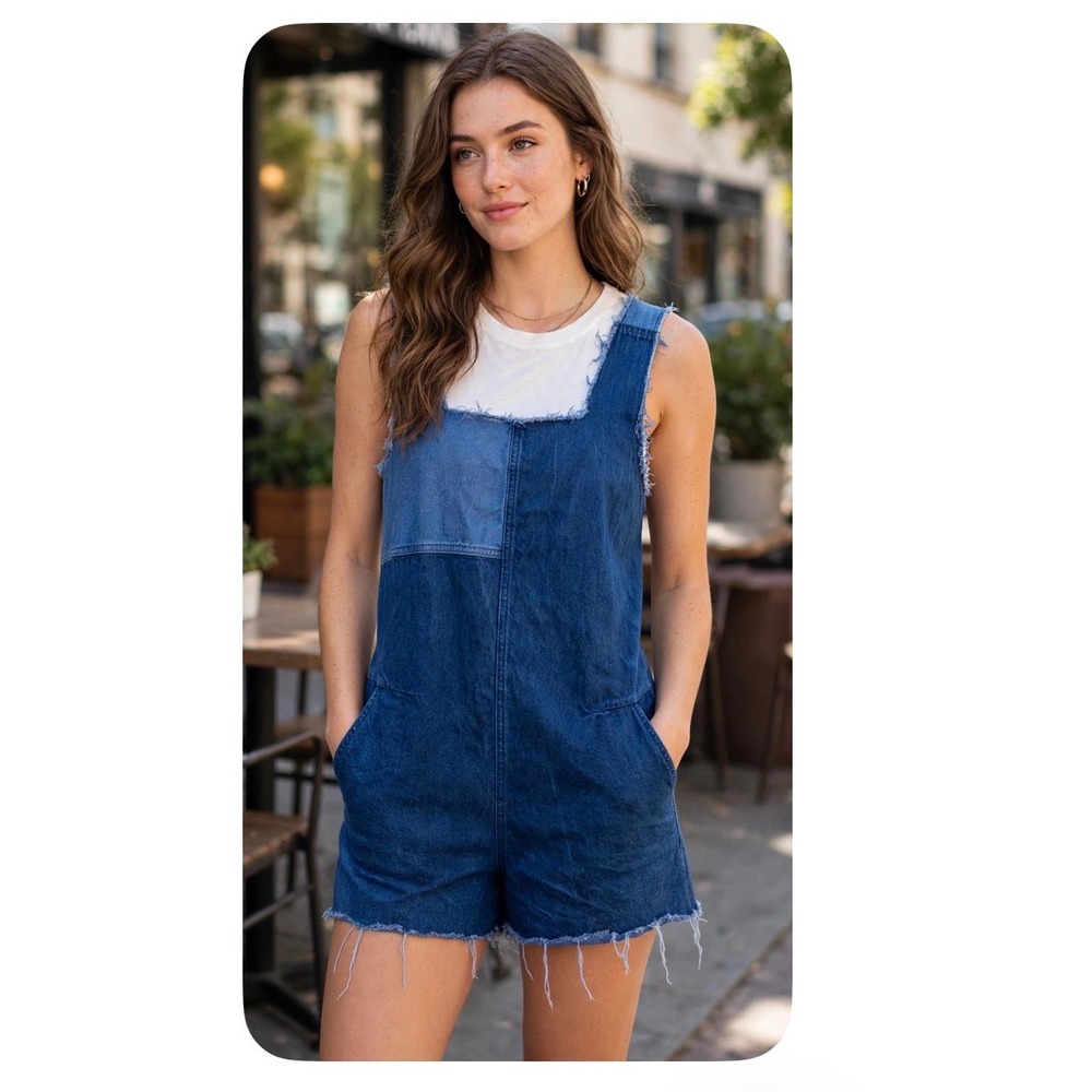 Zara Trafaluc Patchwork Denim Shortalls Blue Frayed Hem Overalls Small